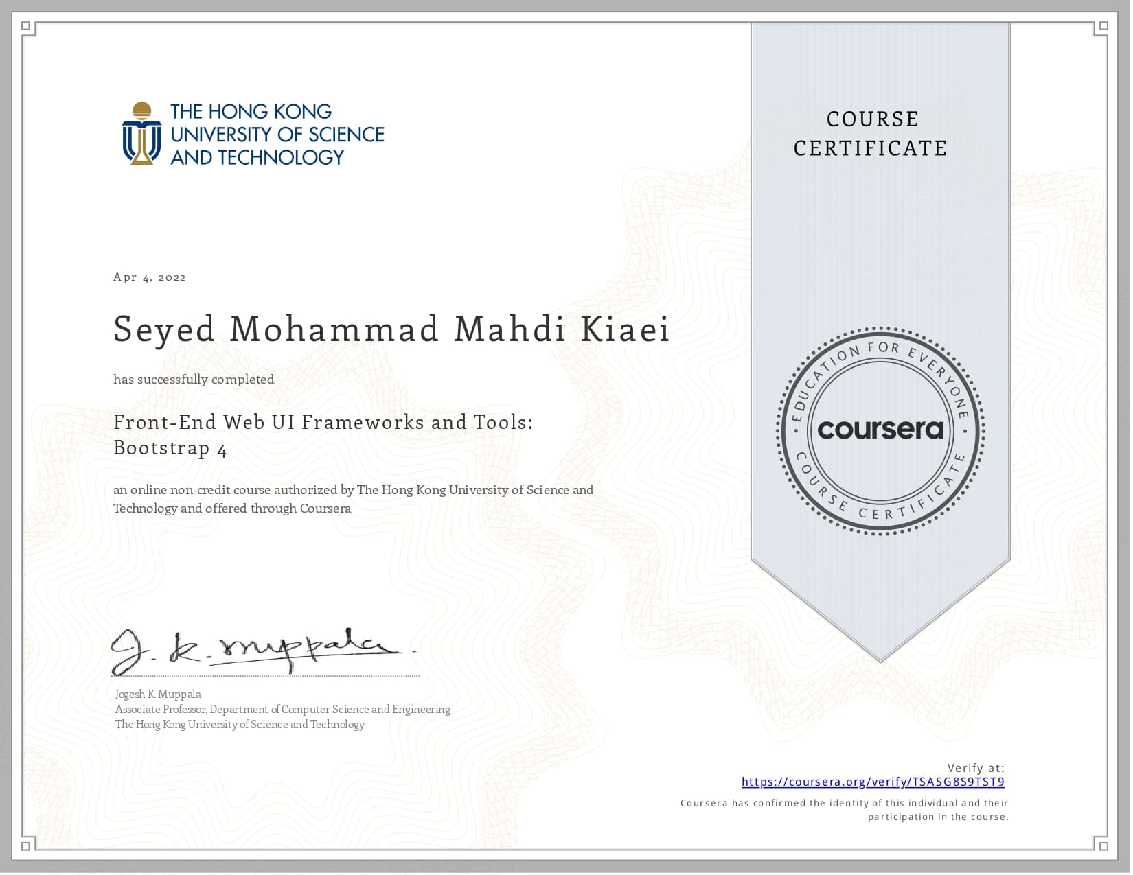 Front-End Web UI Frameworks and Tools: Bootstrap 4 certificate
