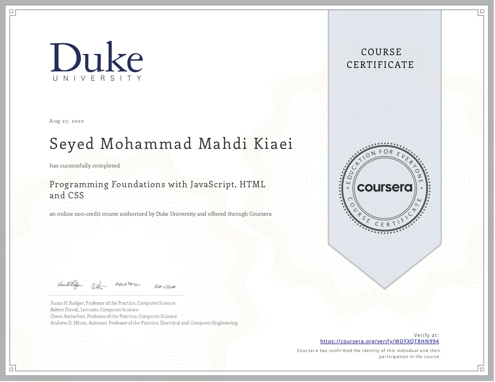 Programming Foundations with JavaScript, HTML and CSS (with Honors) certificate
