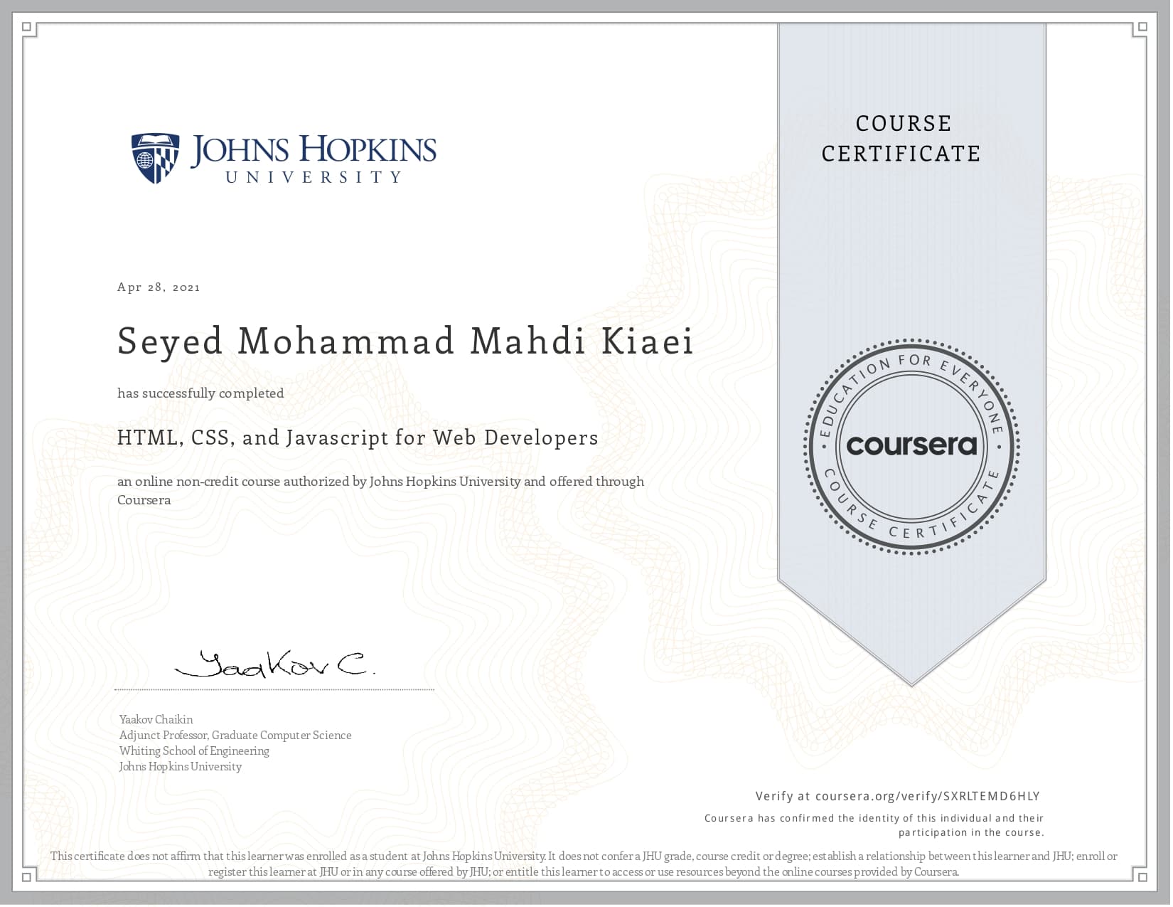 HTML, CSS, and Javascript for Web Developers certificate